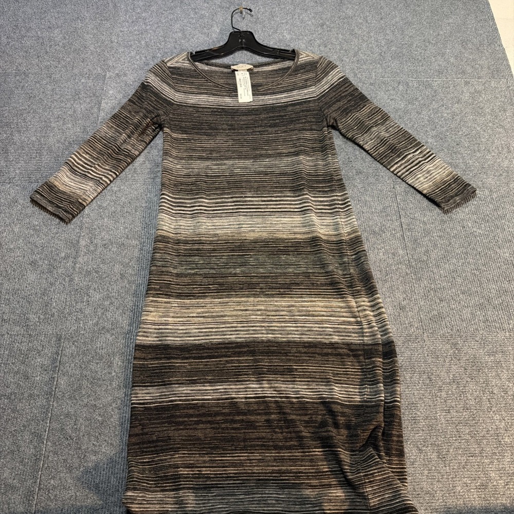 Loft Outlet Womens XS Black Grey Striped 3/4 Sleeve Sheath Knit Dress